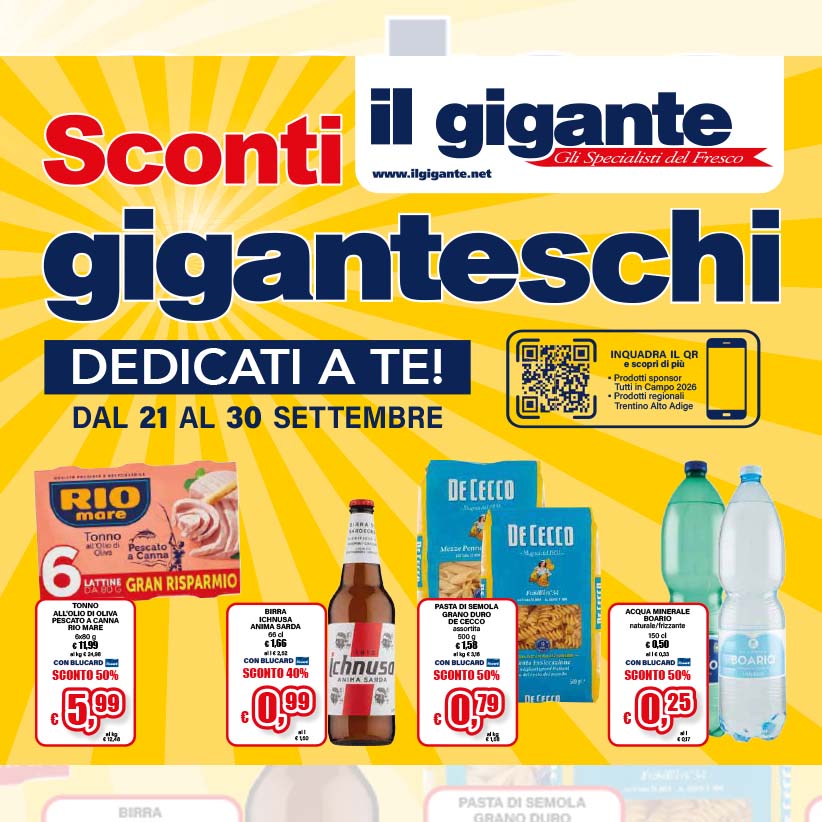 Sconti Giganteschi al Gigante: risparmi fino al 57% su tonno, pasta, vini e formaggi dal 21 al 30 settembre