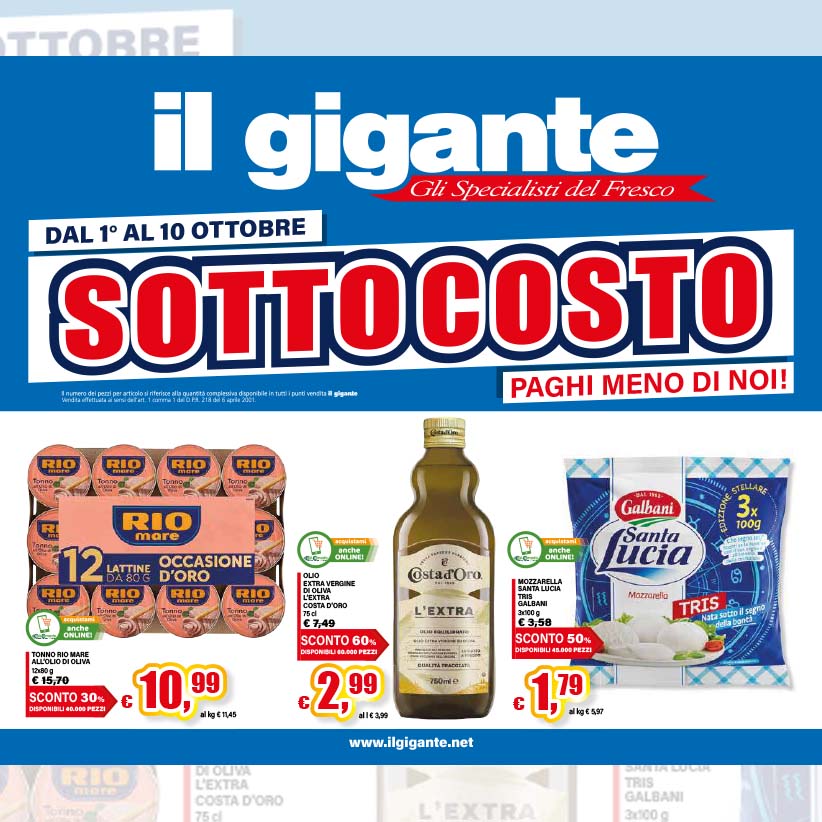 Sottocosto Il Gigante: sconti fino al 66% su olio, tonno, pasta e molto altro dal 1° al 10 ottobre